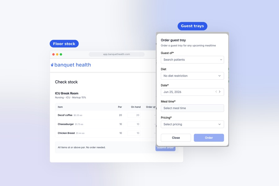 Banquet Health platform showing the Floor stock check-stock screen with the Order guest tray dialog open.