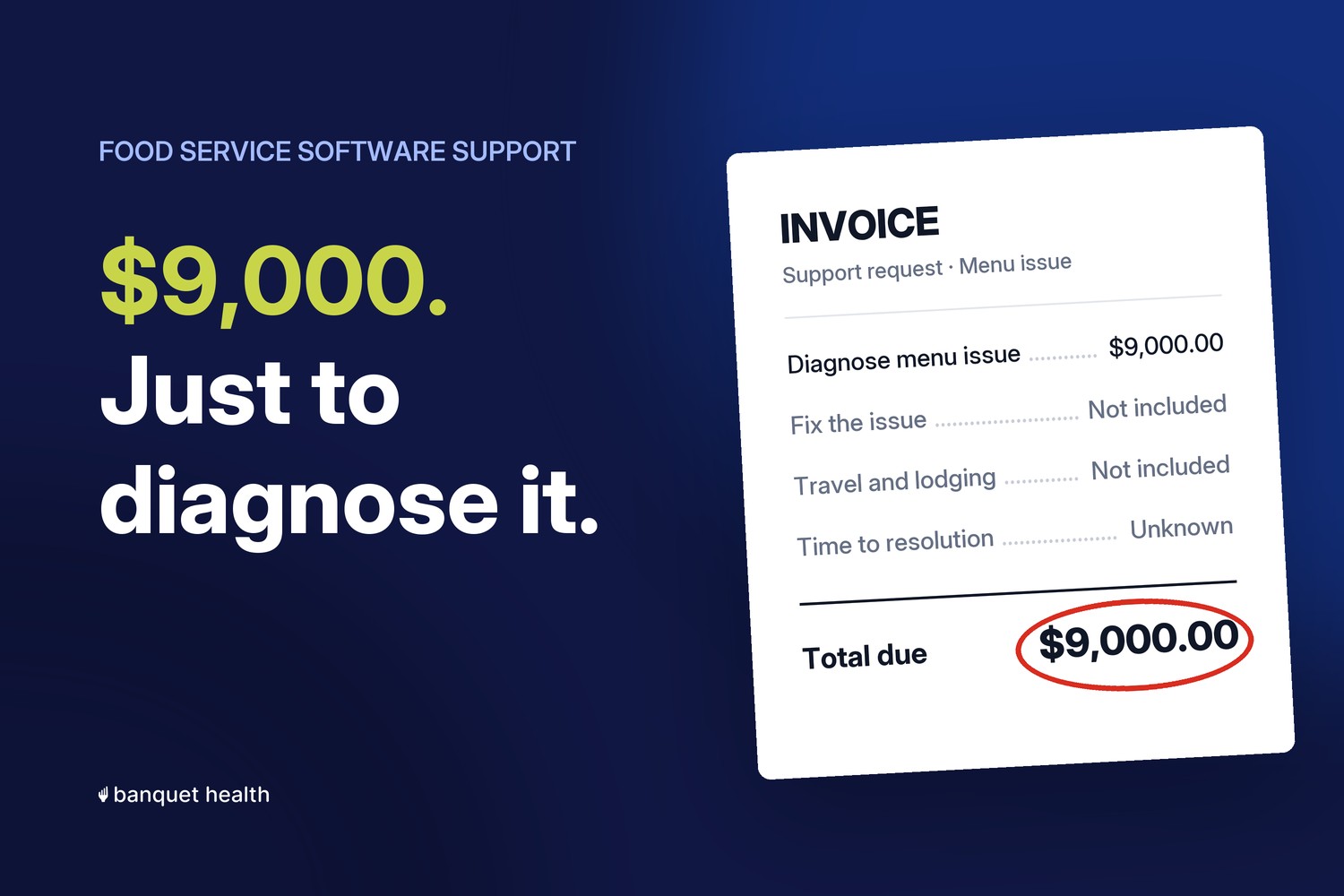An invoice for $9,000 to diagnose a menu issue, with the fix and travel not included