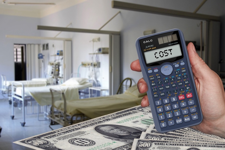 Visual metaphor of rising patient meal costs, with a calculator displaying ‘COST,’ hospital beds in the background, and cash in the foreground.